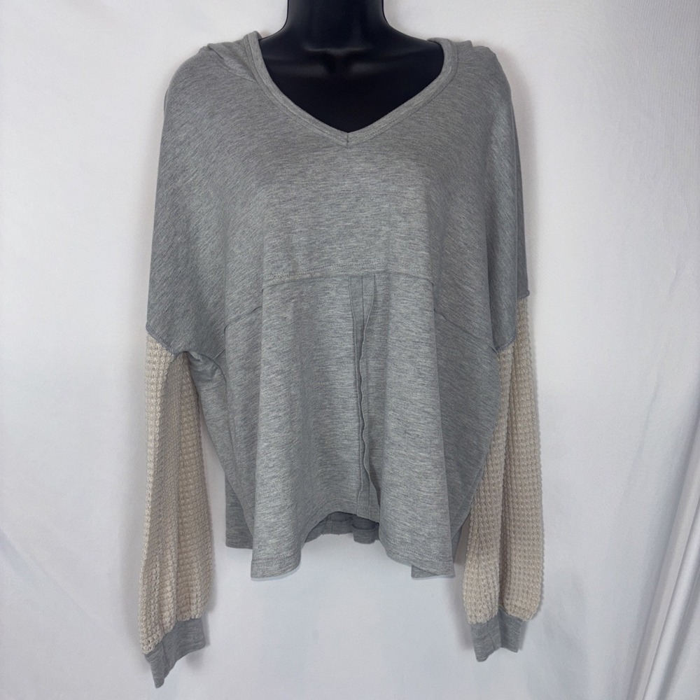 Peach Love California Heather Gray Loose-Fit Vneck Hoodie Beige Waffle Sleeve L